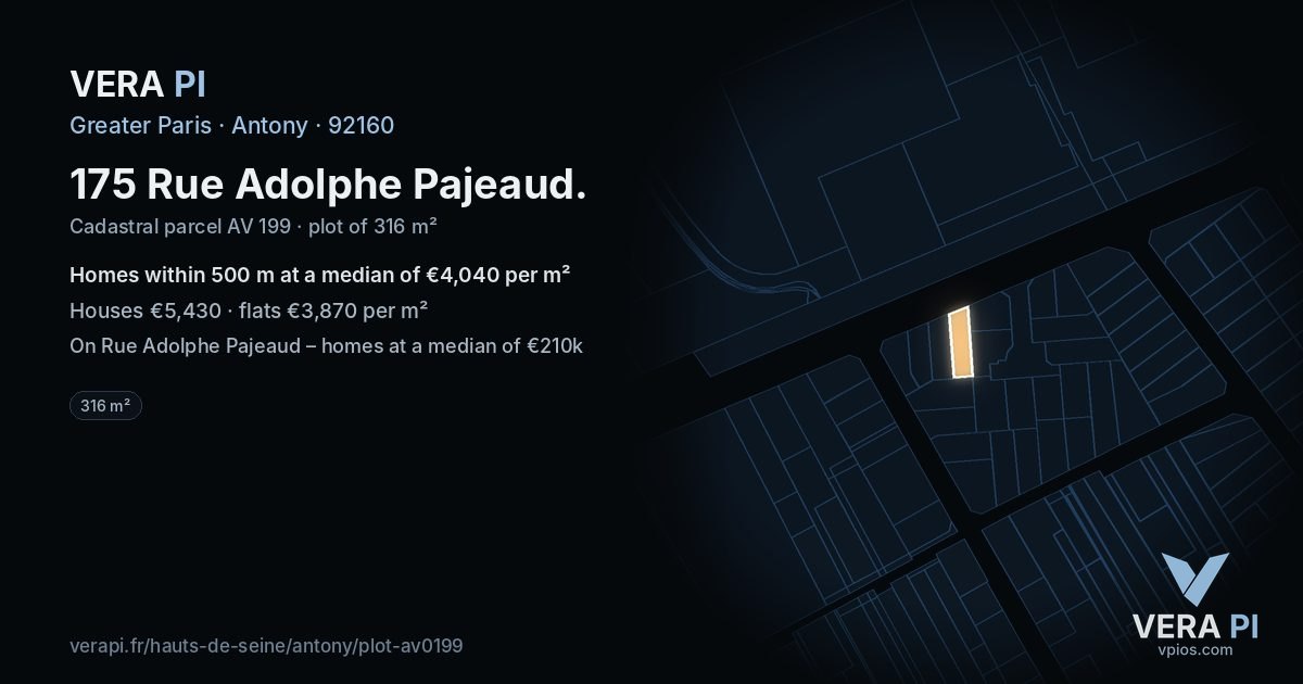 175 Rue Adolphe Pajeaud, Antony at night – the plot lit, the parcels around coloured by the prices near them