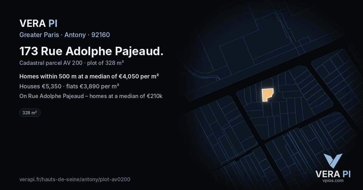 173 Rue Adolphe Pajeaud, Antony at night – the plot lit, the parcels around coloured by the prices near them