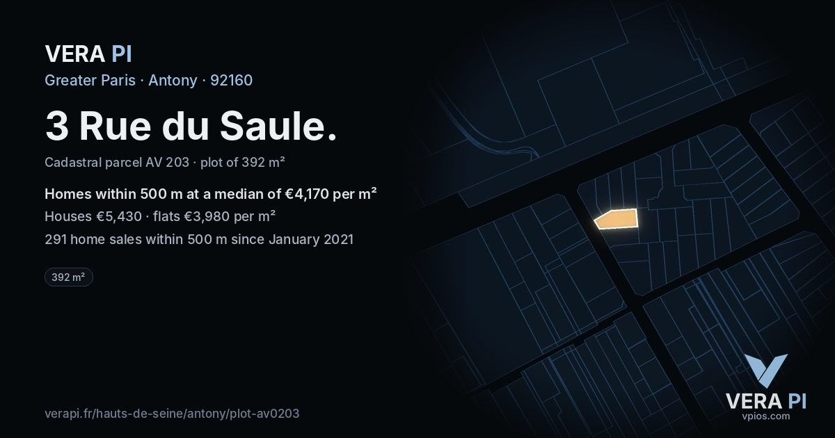 3 Rue du Saule, Antony at night – the plot lit, the parcels around coloured by the prices near them