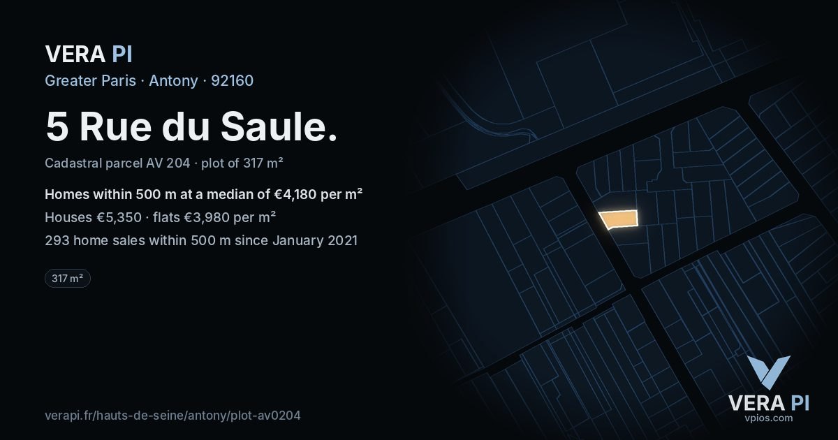 5 Rue du Saule, Antony at night – the plot lit, the parcels around coloured by the prices near them