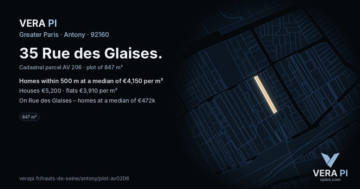 35 Rue des Glaises, Antony at night – the plot lit, the parcels around coloured by the prices near them
