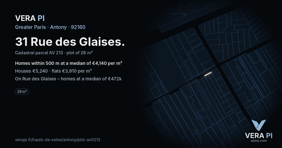 31 Rue des Glaises, Antony at night – the plot lit, the parcels around coloured by the prices near them