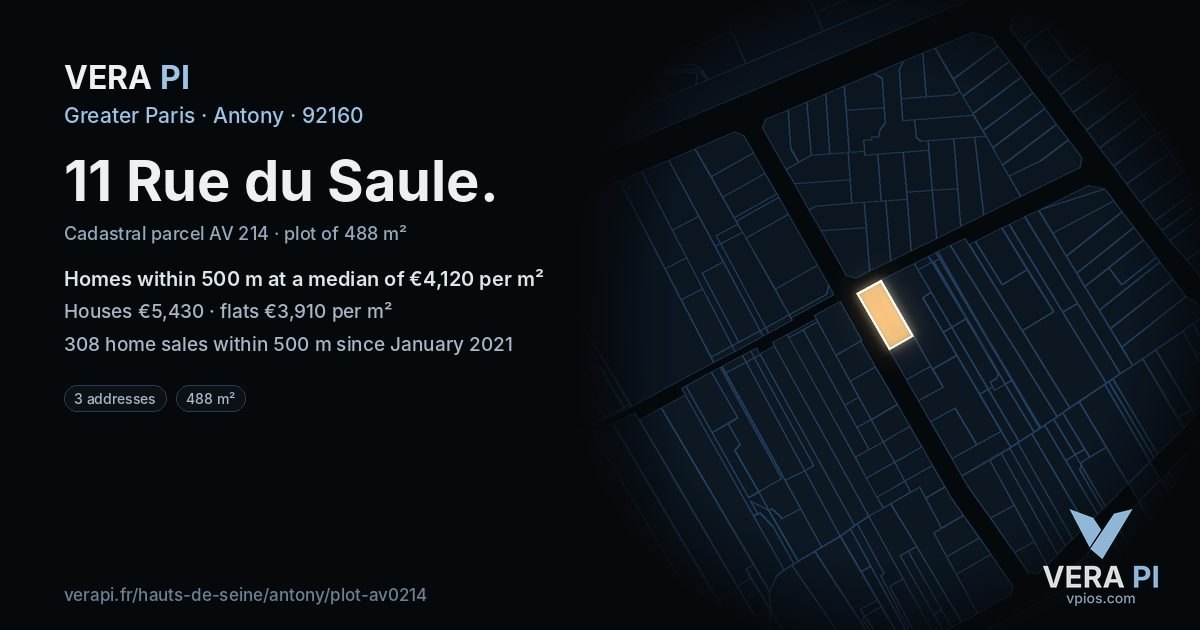 11 Rue du Saule, Antony at night – the plot lit, the parcels around coloured by the prices near them