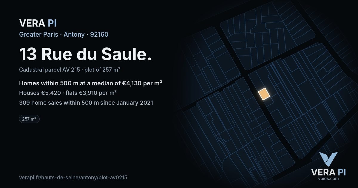 13 Rue du Saule, Antony at night – the plot lit, the parcels around coloured by the prices near them
