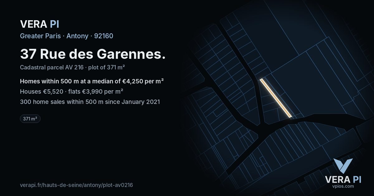 37 Rue des Garennes, Antony at night – the plot lit, the parcels around coloured by the prices near them