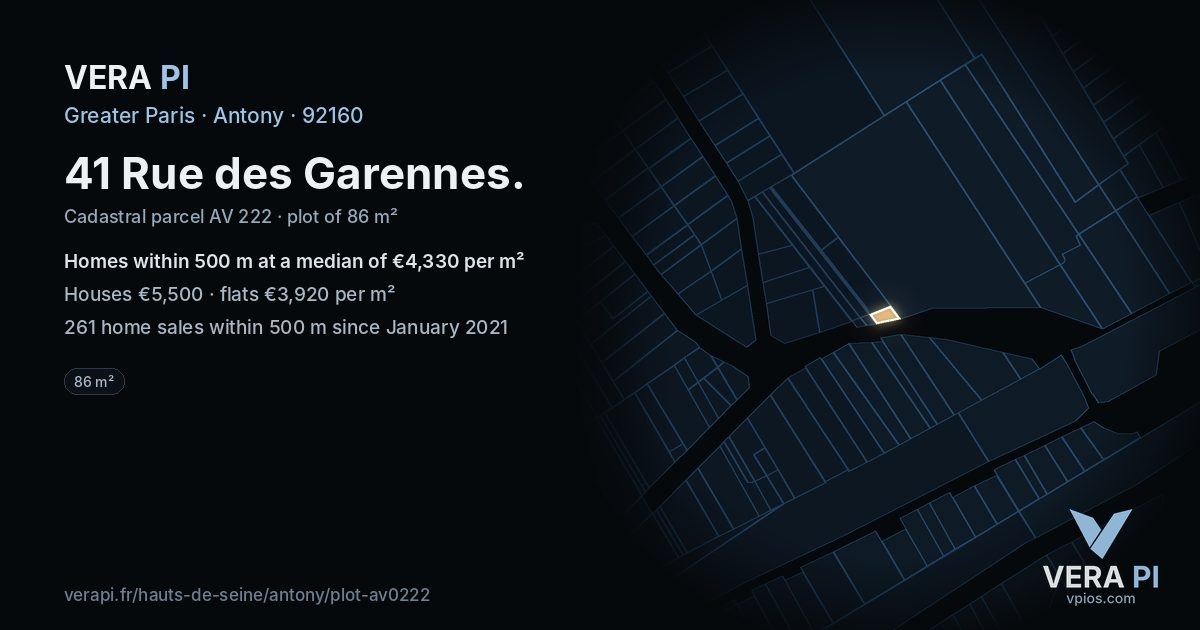 41 Rue des Garennes, Antony at night – the plot lit, the parcels around coloured by the prices near them