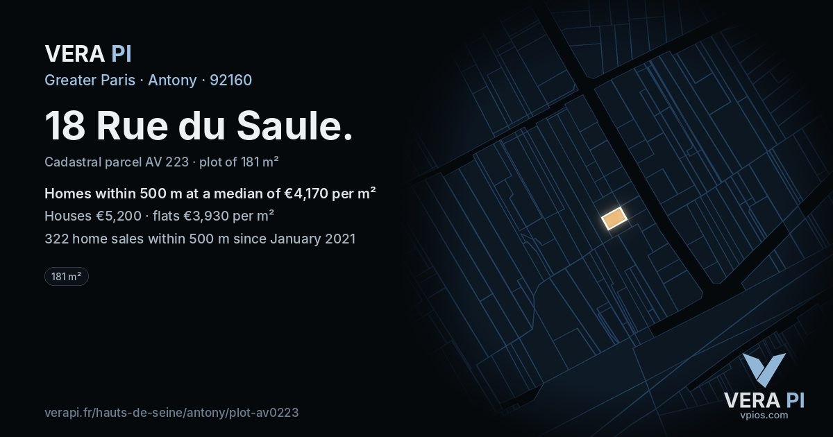 18 Rue du Saule, Antony at night – the plot lit, the parcels around coloured by the prices near them