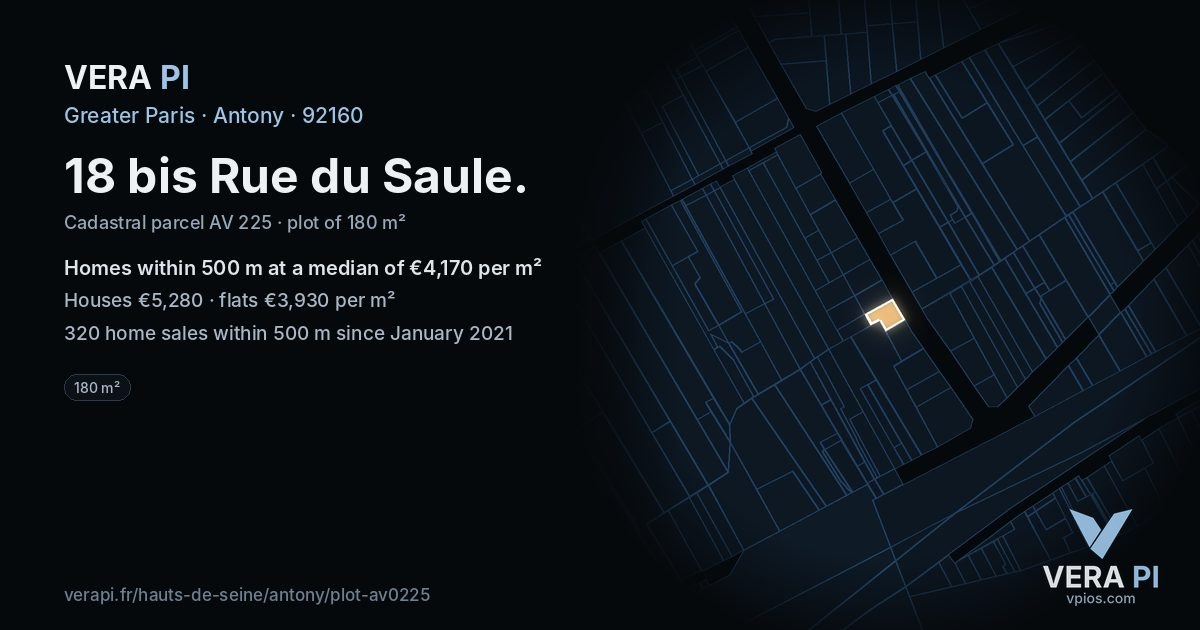 18 bis Rue du Saule, Antony at night – the plot lit, the parcels around coloured by the prices near them