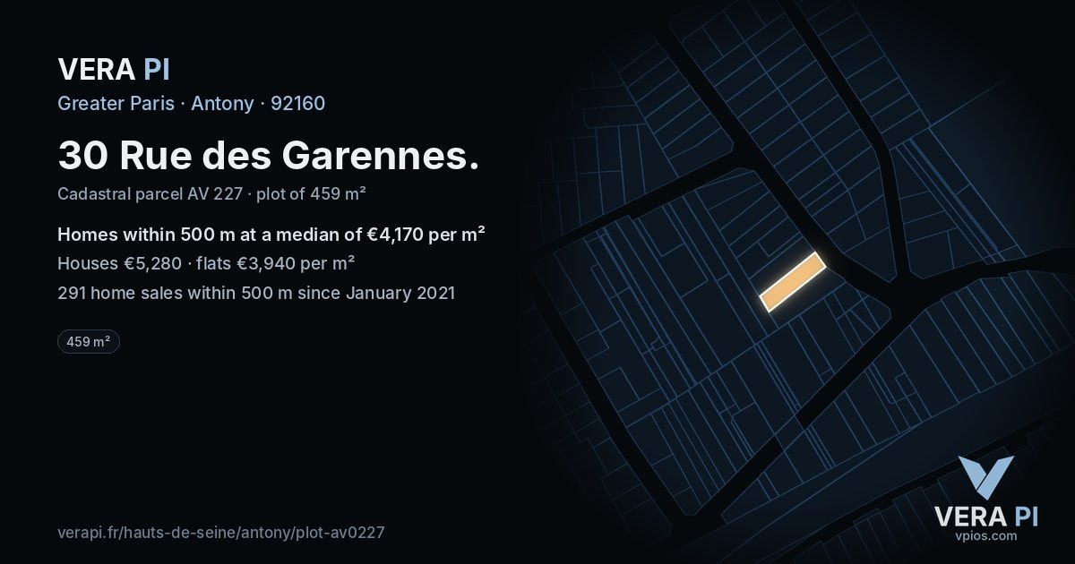 30 Rue des Garennes, Antony at night – the plot lit, the parcels around coloured by the prices near them