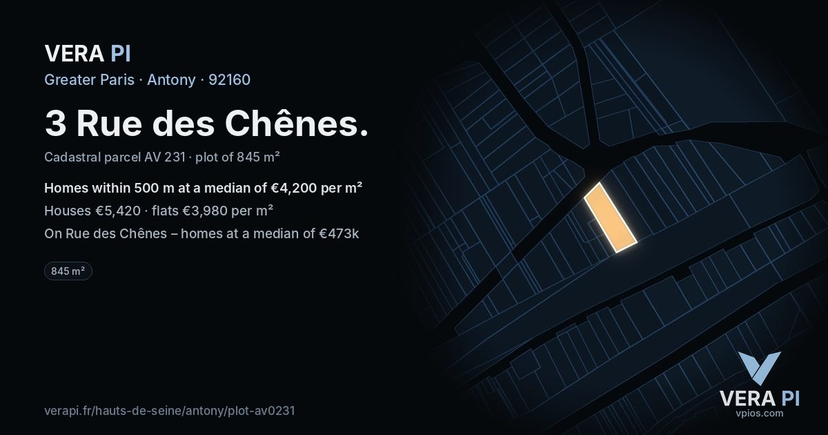 3 Rue des Chênes, Antony at night – the plot lit, the parcels around coloured by the prices near them