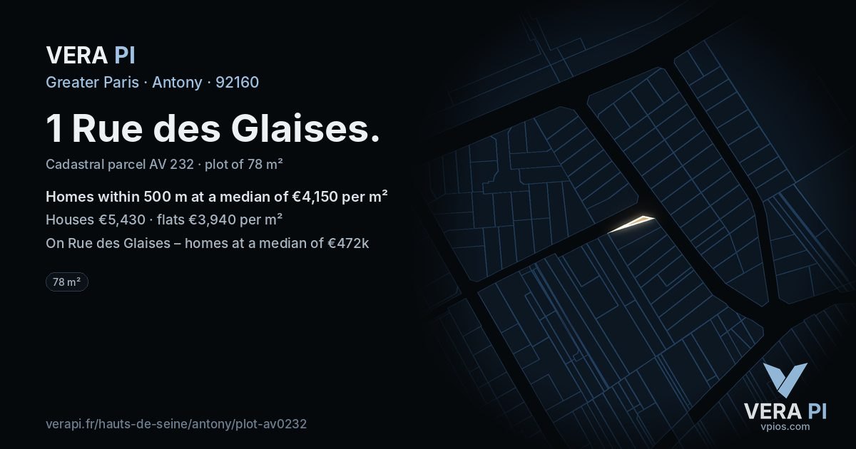 1 Rue des Glaises, Antony at night – the plot lit, the parcels around coloured by the prices near them