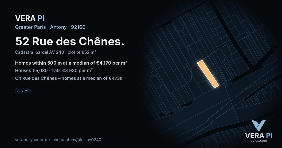 52 Rue des Chênes, Antony at night – the plot lit, the parcels around coloured by the prices near them