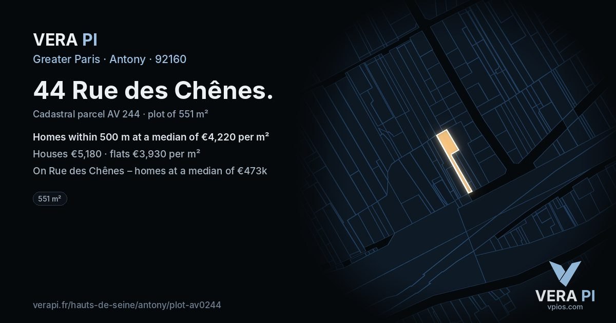 44 Rue des Chênes, Antony at night – the plot lit, the parcels around coloured by the prices near them