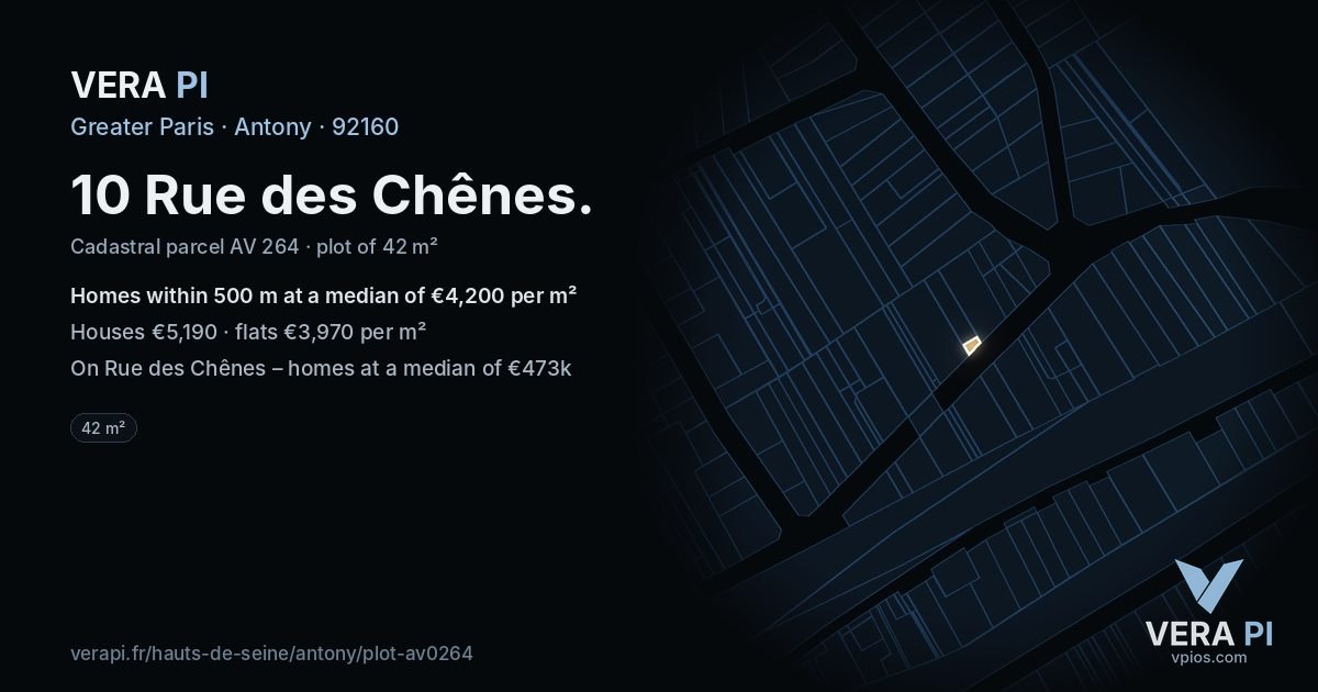 10 Rue des Chênes, Antony at night – the plot lit, the parcels around coloured by the prices near them