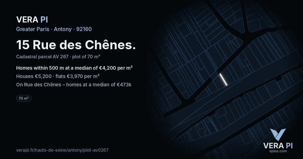 15 Rue des Chênes, Antony at night – the plot lit, the parcels around coloured by the prices near them
