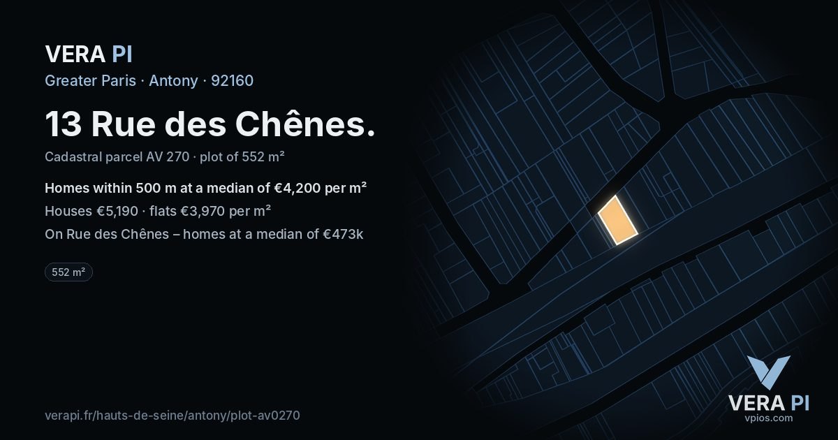 13 Rue des Chênes, Antony at night – the plot lit, the parcels around coloured by the prices near them