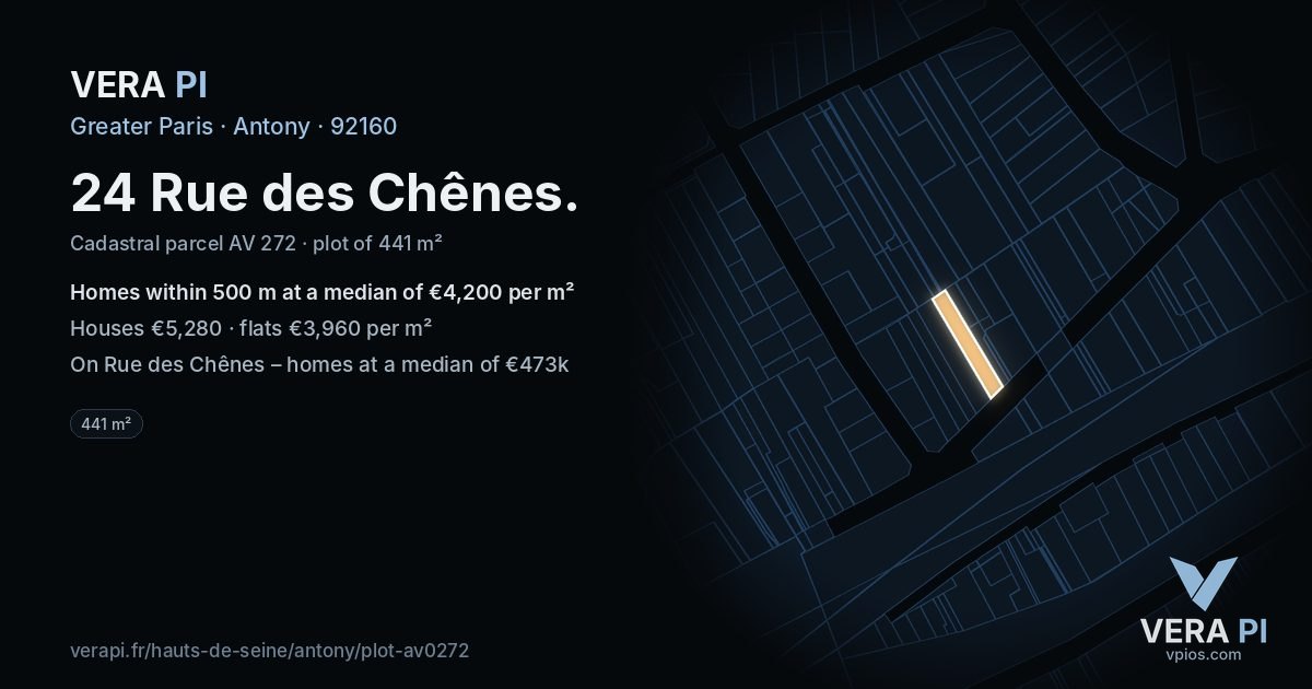 24 Rue des Chênes, Antony at night – the plot lit, the parcels around coloured by the prices near them