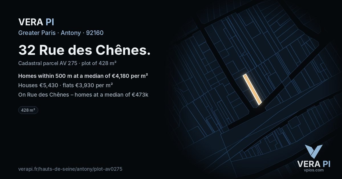 32 Rue des Chênes, Antony at night – the plot lit, the parcels around coloured by the prices near them