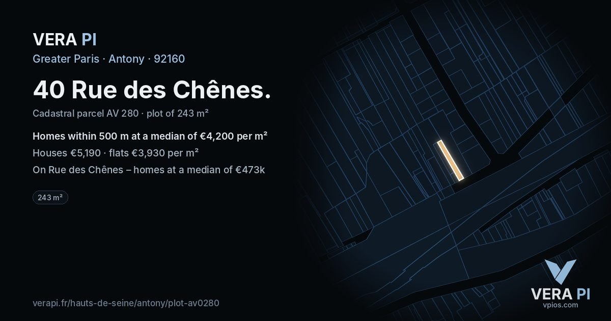 40 Rue des Chênes, Antony at night – the plot lit, the parcels around coloured by the prices near them