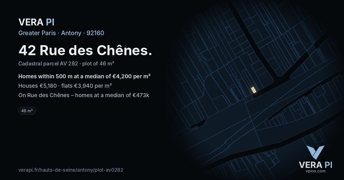 42 Rue des Chênes, Antony at night – the plot lit, the parcels around coloured by the prices near them
