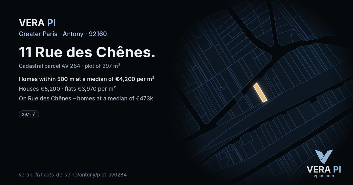 11 Rue des Chênes, Antony at night – the plot lit, the parcels around coloured by the prices near them