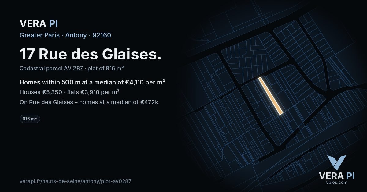 17 Rue des Glaises, Antony at night – the plot lit, the parcels around coloured by the prices near them