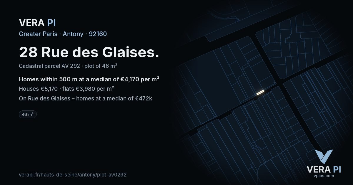 28 Rue des Glaises, Antony at night – the plot lit, the parcels around coloured by the prices near them
