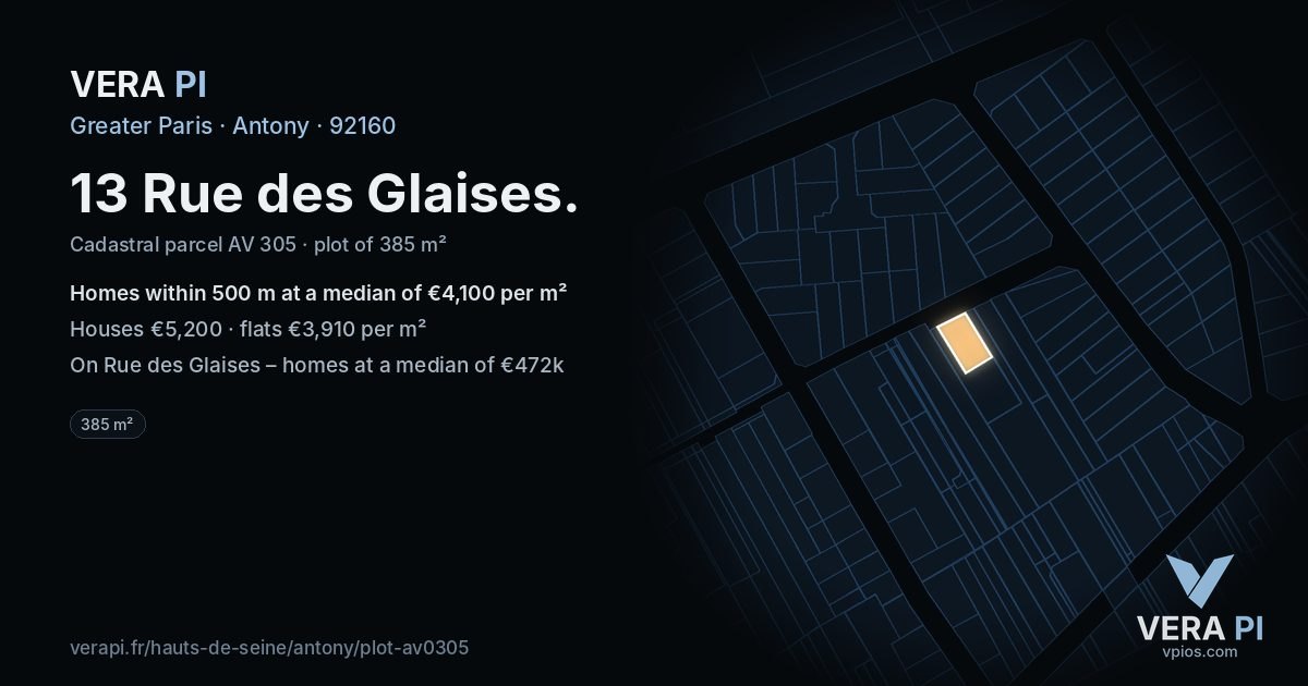 13 Rue des Glaises, Antony at night – the plot lit, the parcels around coloured by the prices near them