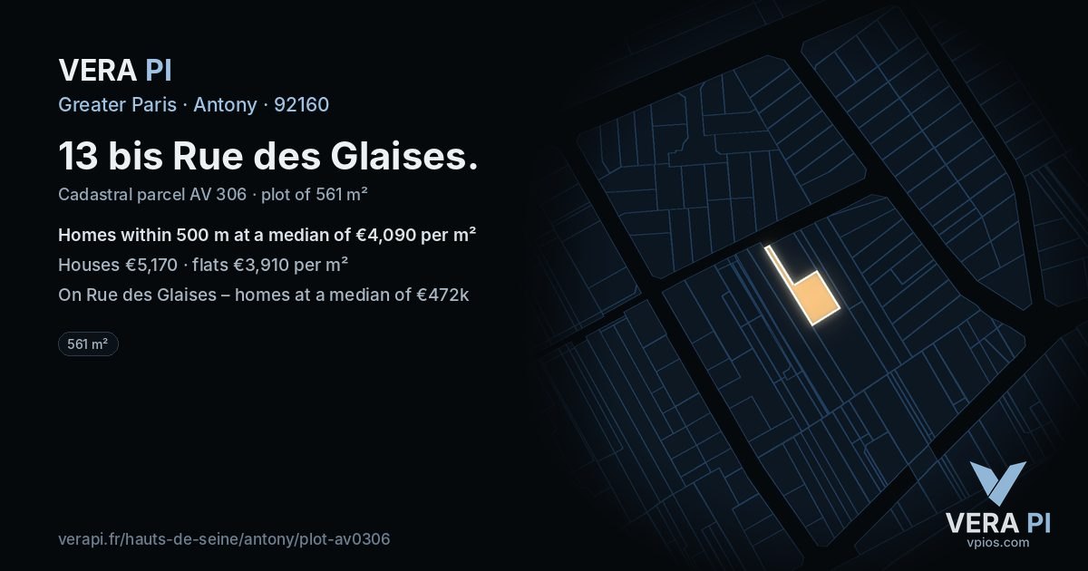 13 bis Rue des Glaises, Antony at night – the plot lit, the parcels around coloured by the prices near them