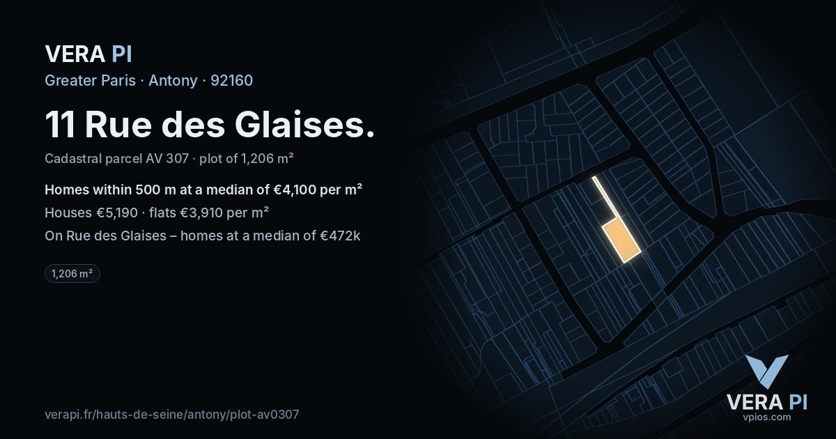 11 Rue des Glaises, Antony at night – the plot lit, the parcels around coloured by the prices near them