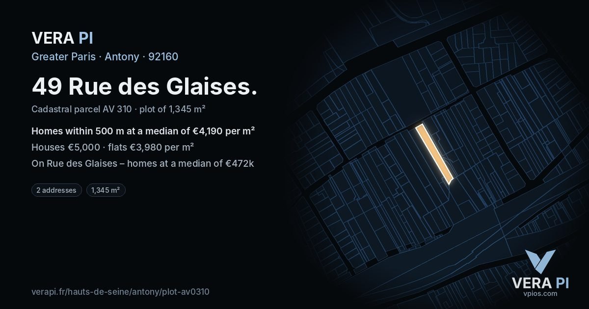 49 Rue des Glaises, Antony at night – the plot lit, the parcels around coloured by the prices near them