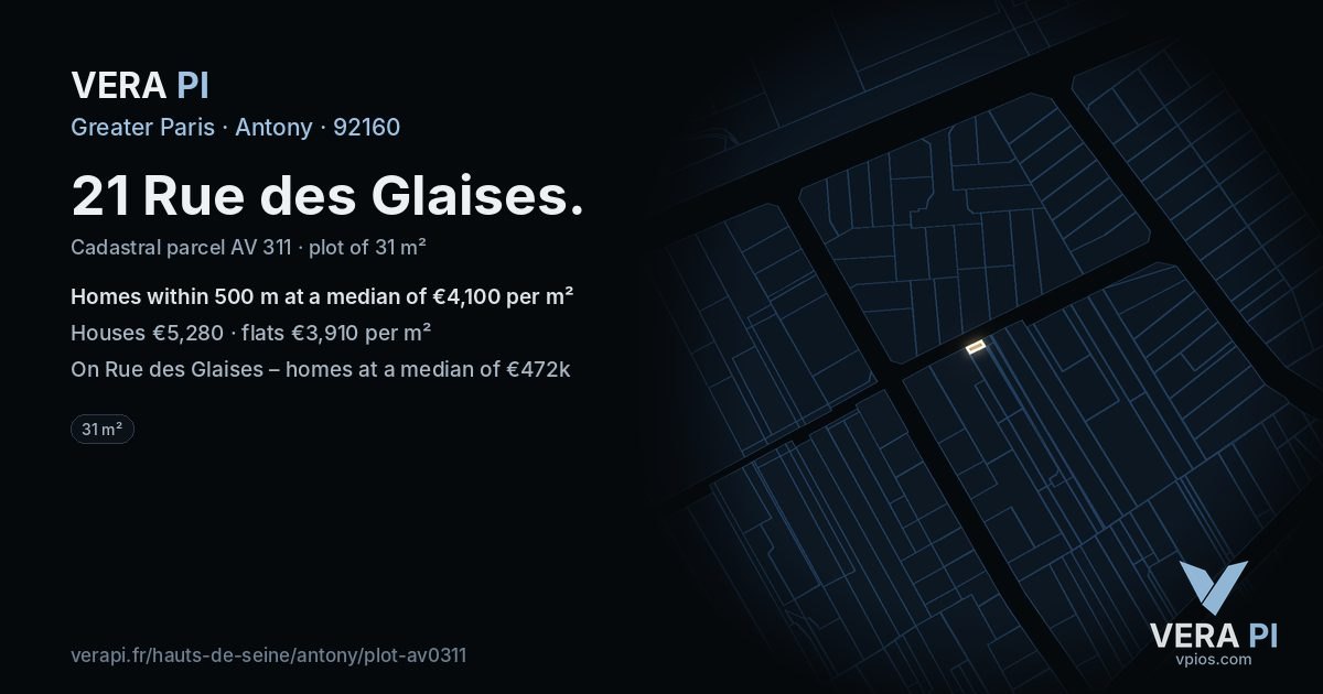 21 Rue des Glaises, Antony at night – the plot lit, the parcels around coloured by the prices near them