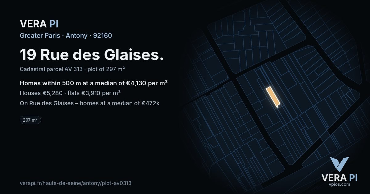 19 Rue des Glaises, Antony at night – the plot lit, the parcels around coloured by the prices near them