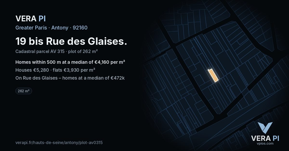 19 bis Rue des Glaises, Antony at night – the plot lit, the parcels around coloured by the prices near them