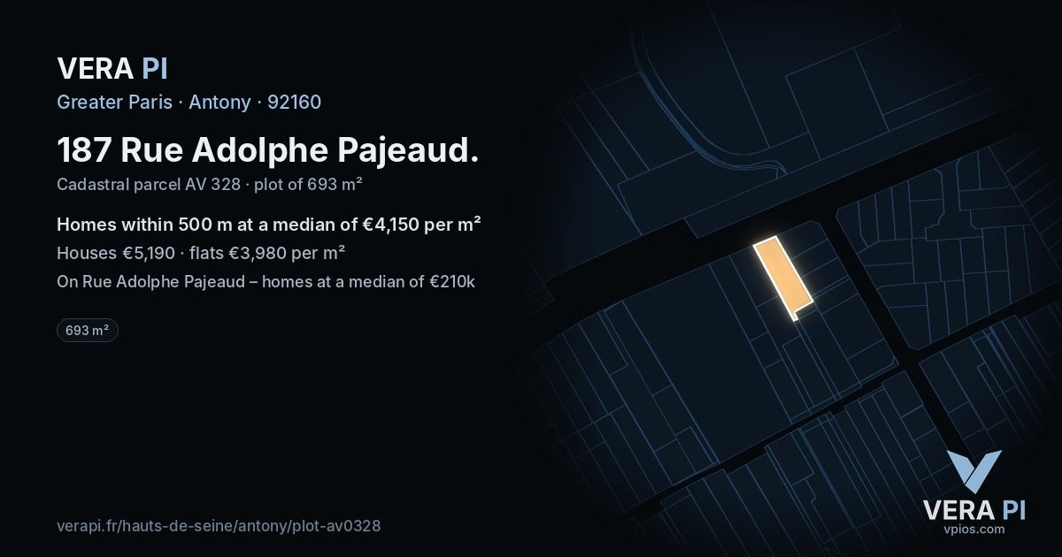 187 Rue Adolphe Pajeaud, Antony at night – the plot lit, the parcels around coloured by the prices near them