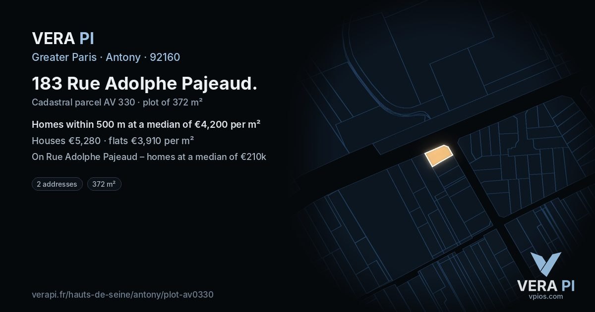 183 Rue Adolphe Pajeaud, Antony at night – the plot lit, the parcels around coloured by the prices near them