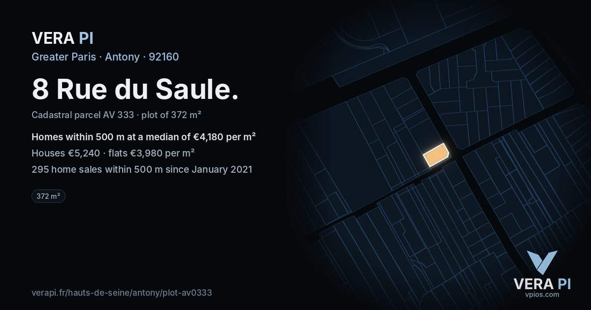 8 Rue du Saule, Antony at night – the plot lit, the parcels around coloured by the prices near them
