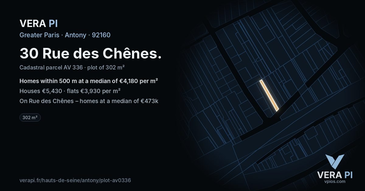 30 Rue des Chênes, Antony at night – the plot lit, the parcels around coloured by the prices near them