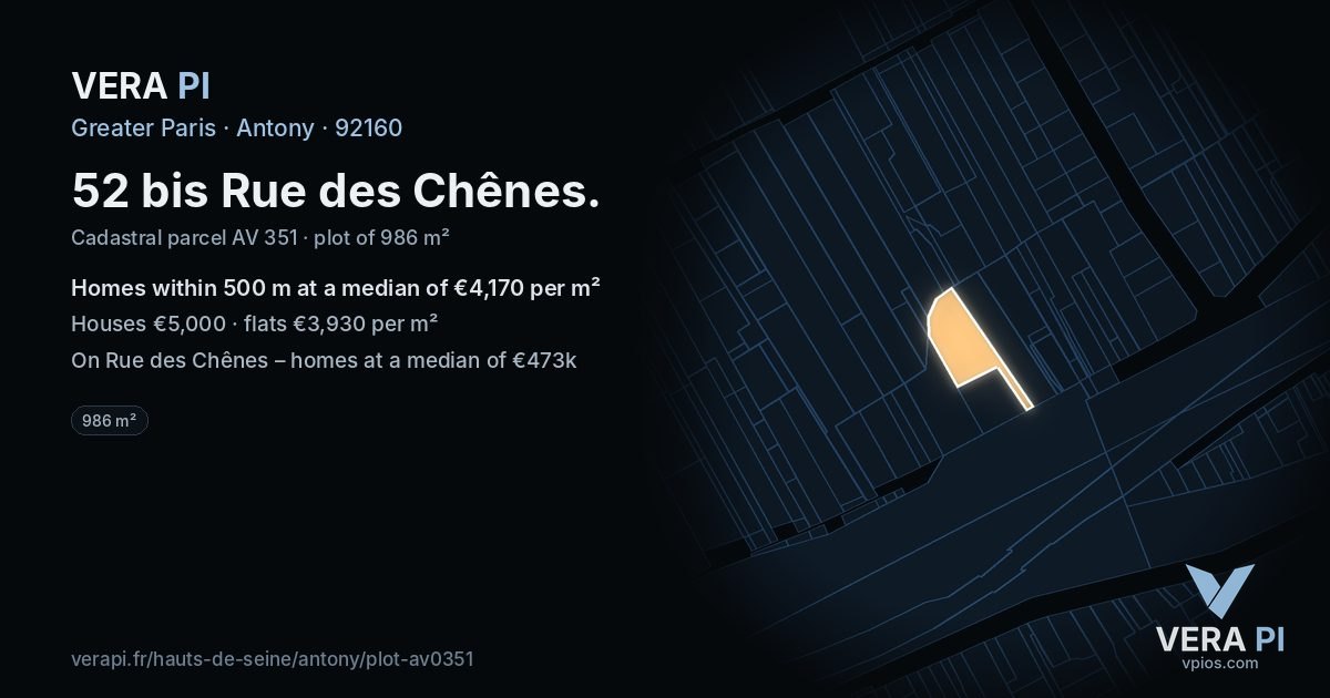 52 bis Rue des Chênes, Antony at night – the plot lit, the parcels around coloured by the prices near them