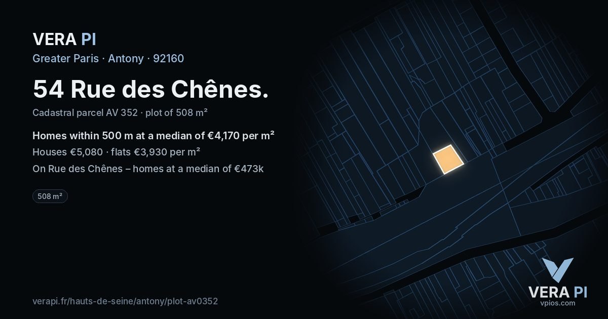54 Rue des Chênes, Antony at night – the plot lit, the parcels around coloured by the prices near them