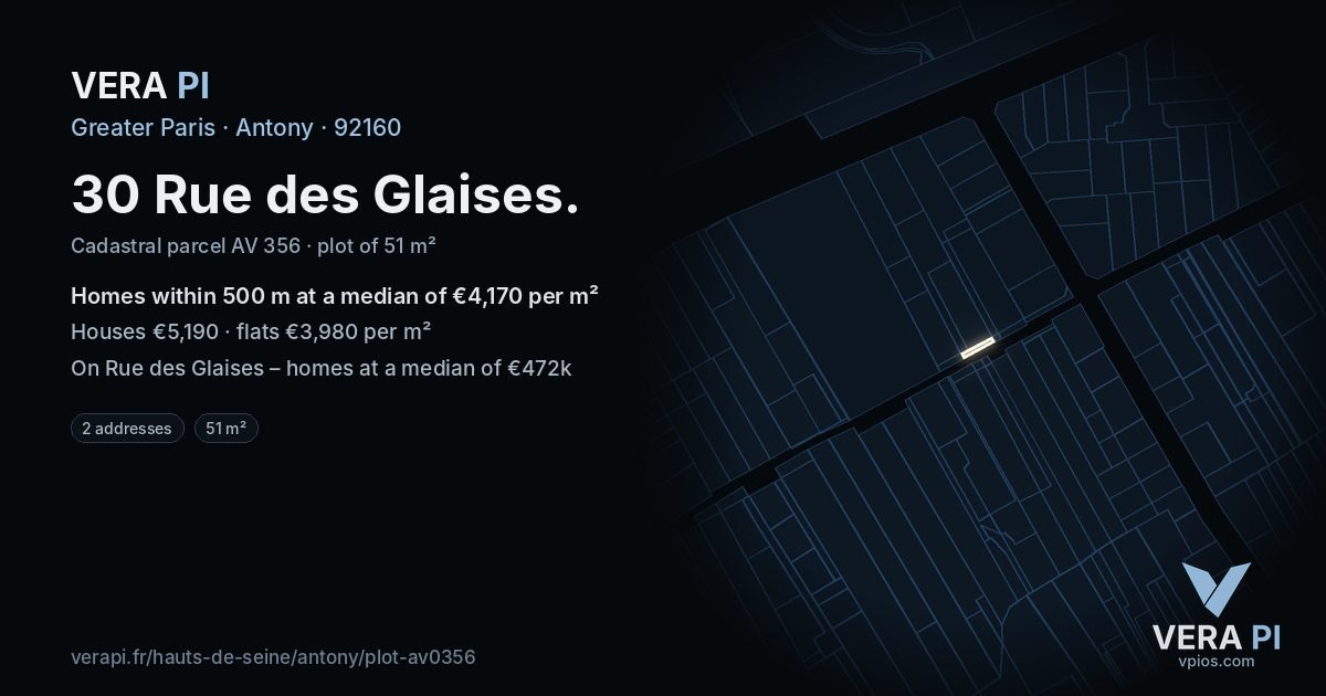 30 Rue des Glaises, Antony at night – the plot lit, the parcels around coloured by the prices near them