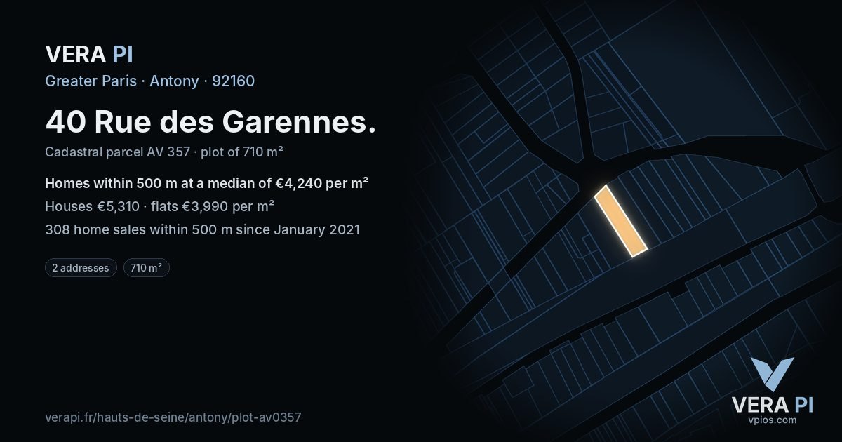 40 Rue des Garennes, Antony at night – the plot lit, the parcels around coloured by the prices near them
