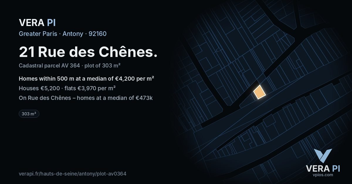 21 Rue des Chênes, Antony at night – the plot lit, the parcels around coloured by the prices near them