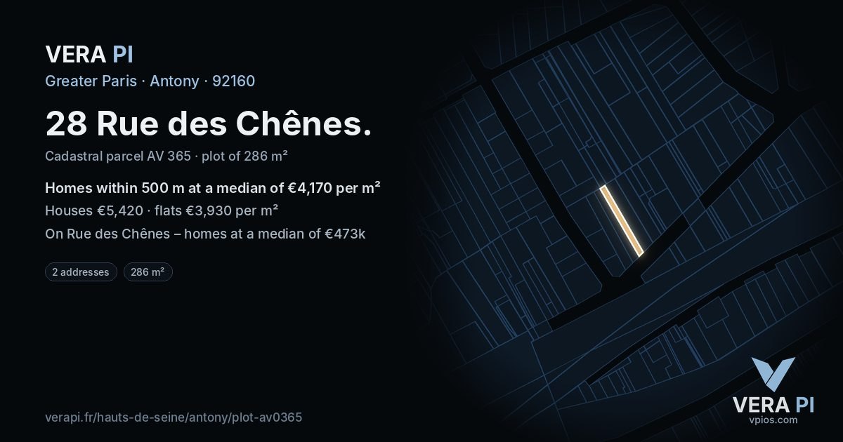 28 Rue des Chênes, Antony at night – the plot lit, the parcels around coloured by the prices near them