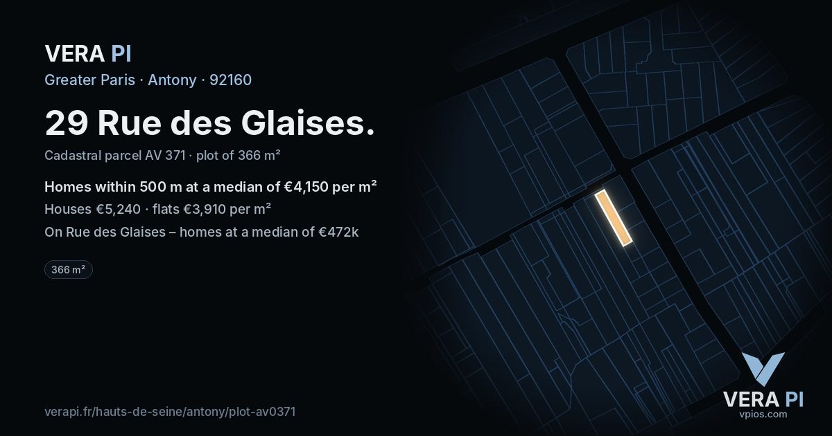 29 Rue des Glaises, Antony at night – the plot lit, the parcels around coloured by the prices near them