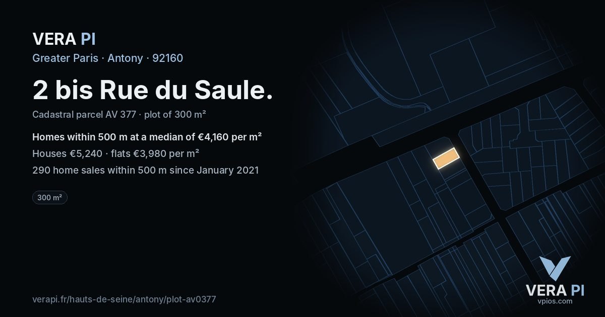 2 bis Rue du Saule, Antony at night – the plot lit, the parcels around coloured by the prices near them
