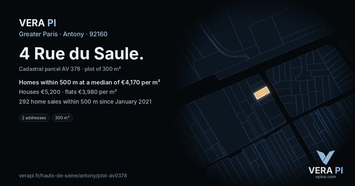 4 Rue du Saule, Antony at night – the plot lit, the parcels around coloured by the prices near them