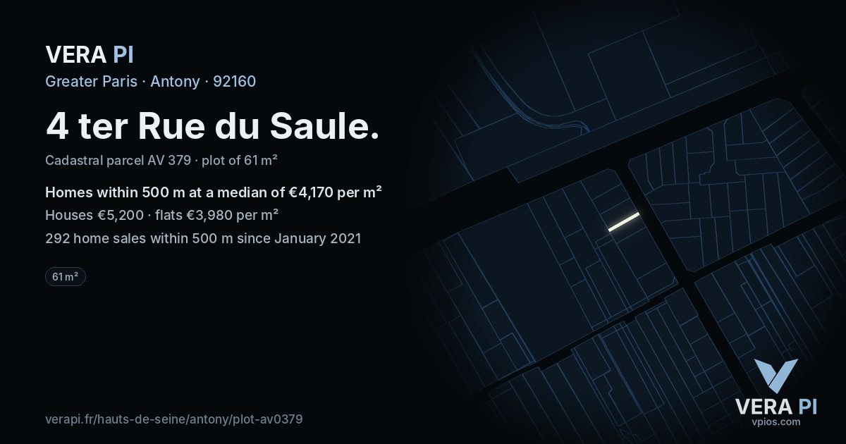 4 ter Rue du Saule, Antony at night – the plot lit, the parcels around coloured by the prices near them