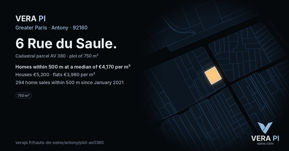 6 Rue du Saule, Antony at night – the plot lit, the parcels around coloured by the prices near them