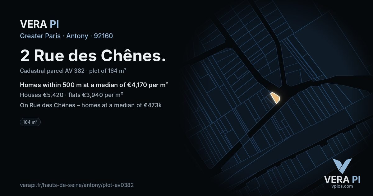 2 Rue des Chênes, Antony at night – the plot lit, the parcels around coloured by the prices near them